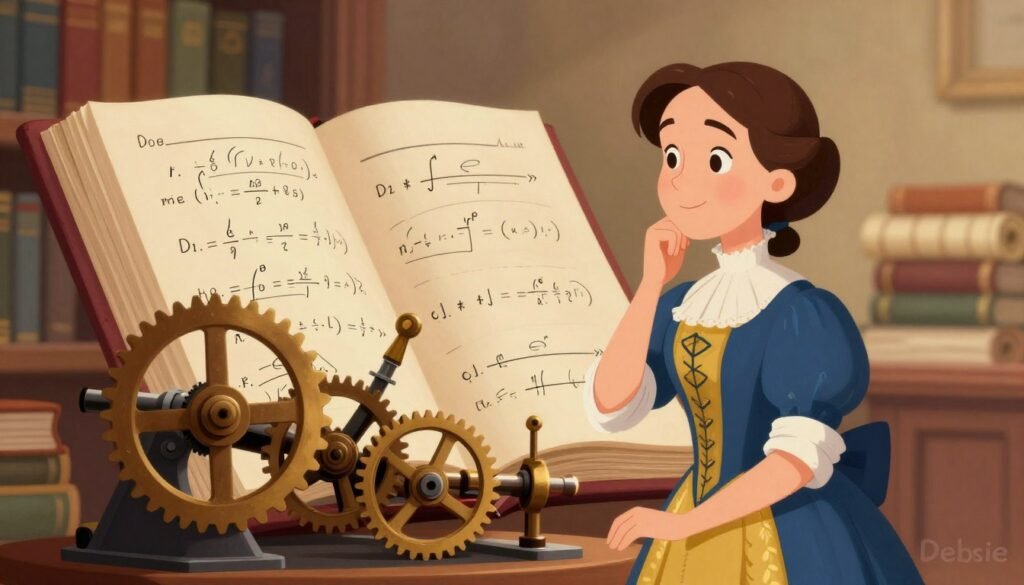 Ada Lovelace stands thoughtfully beside the intricate components of the Analytical Engine, her delicate features illuminated by warm, soft lighting. She wears a Victorian-style dress in rich shades of blue and gold, exuding intelligence and elegance. In the foreground, we see the complex gears and levers of the Analytical Engine, detailed and polished, showcasing the ingenuity of early computing. The middle ground reveals a large, open book filled with mathematical notations and algorithms, symbolizing her groundbreaking work. The background features a softly blurred library setting, filled with stacked books and scrolls, evoking a sense of scholarly pursuit. The atmosphere is one of inspiration and discovery, highlighting the essence of innovation. This colorful image is designed in a friendly and minimal style, branded with the name "Debsie."