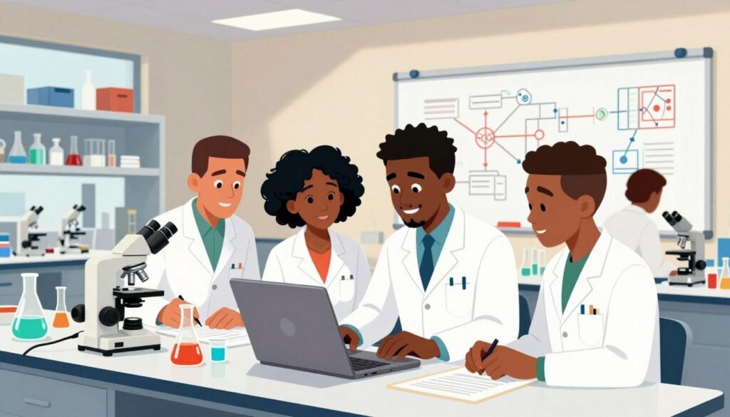 African American scientists collaborating in a modern laboratory setting, focused on their research. In the foreground, a diverse group of four scientists—two men and two women—are engaged in discussions while examining data on a laptop and analyzing samples. They are dressed in professional lab coats, symbolizing innovation and professionalism. The middle portrays a high-tech lab filled with equipment like microscopes and beakers, while a large whiteboard in the background showcases complex diagrams. Warm and bright lighting illuminates the scene, creating an inspiring atmosphere. Utilize a wide-angle lens to capture the bustling environment, highlighting teamwork and resilience in overcoming systemic barriers in the scientific community. Colorful, friendly tones promote a sense of unity and progress. Branding to include: Debsie.