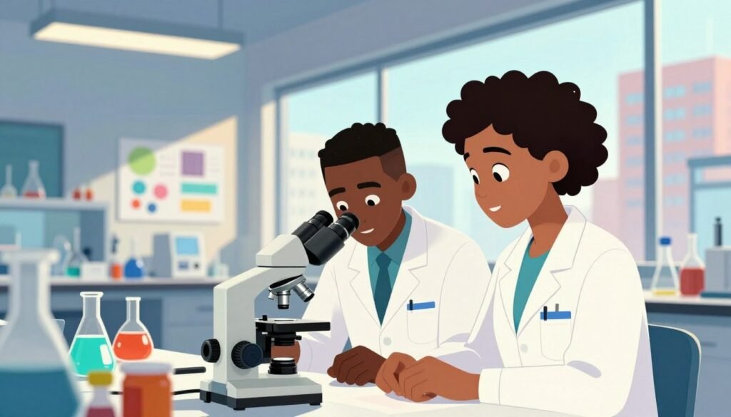 African American scientists engaging in innovative research within a modern laboratory setting. In the foreground, two scientists—a man and a woman—are collaborating over a futuristic microscope, both dressed in professional lab coats. Their expressions reflect focus and determination, showcasing their passion for science. The middle ground features advanced scientific equipment, colorful charts, and vibrant lab materials, exemplifying a dynamic environment of innovation. In the background, large windows reveal a bright, sunlit cityscape, symbolizing global impact. Use warm lighting to create an inviting atmosphere, with a shallow depth of field to emphasize the scientists' expressions. Capture this inspiring scene with a slight low-angle shot to enhance the sense of importance and legacy. The overall mood should convey positivity, collaboration, and the spirit of discovery, showcasing the brand name "Debsie" through innovative visual elements.