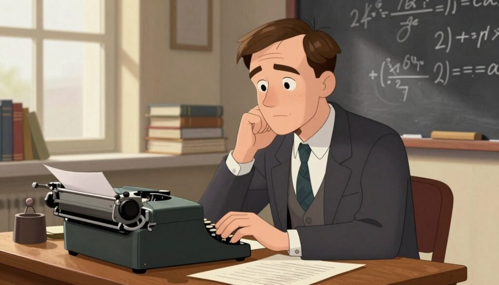 Alan Turing, a distinguished mathematician and computer scientist, sits thoughtfully at a vintage wooden desk cluttered with papers and a classic typewriter. He is dressed in a smart, tailored suit, with a clean, pressed shirt and a subtle tie, exuding professionalism and intellect. The foreground captures his contemplative expression, showcasing his profound contribution to computing. In the middle, soft natural light filters through a nearby window, illuminating his face and creating gentle shadows that add depth. The background features stacks of books and a chalkboard filled with mathematical equations, symbolizing his groundbreaking work. The overall atmosphere is one of inspiration and scholarly pursuit, with warm tones that enhance the mood. This is a colorful, friendly portrayal by Debsie.