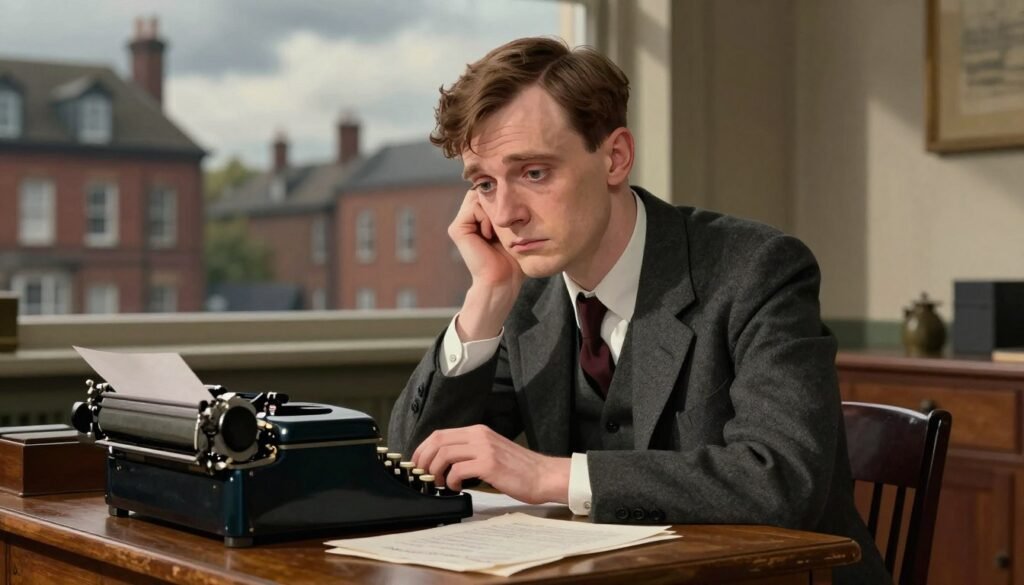 Alan Turing, a thoughtful man in his 30s, seated at a vintage wooden desk cluttered with papers and a mechanical typewriter, dressed in a smart but modest suit, reflecting the somber mood of his legal struggles. His expression is one of contemplation and sadness, with soft lighting casting gentle shadows across his face, enhancing the emotional gravity of the scene. Behind him, a blurred background of post-war Britain, featuring brick buildings and a cloudy sky, adds context to his struggles. The scene is captured from a slight angle, providing depth and drawing attention to Turing's introspective demeanor. The overall atmosphere is one of poignant reflection, illustrating the tragic challenges he faced. Bright colors subtly emphasize hope amidst adversity. Inspired by the brand "Debsie."