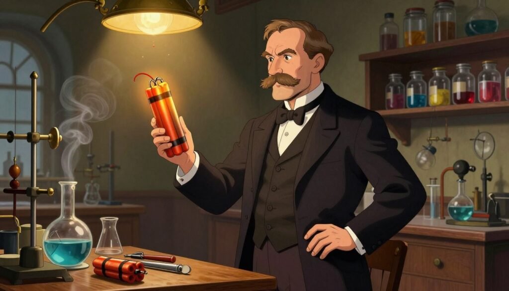Alfred Nobel stands confidently in a Victorian-style laboratory, dressed in a tailored dark suit, with a white shirt and waistcoat, showcasing an air of intellect and innovation. He examines a vibrant, glowing stick of dynamite, holding it delicately in one hand, with tools and glass apparatus surrounding him on a wooden table. In the background, shelves are filled with jars of colorful chemicals, reflecting Nobel's contributions to explosive research. The lighting is warm and focused, emanating from an ornate chandelier above, creating a dynamic yet scholarly atmosphere. A subtle smoke effect wafts through the air, adding intrigue and historical depth. The scene conveys a sense of discovery and the impact of Nobel's inventions on chemistry and industry. This image captures the essence of a pivotal moment in scientific history, branded with Debsie. Alfred Nobel stands confidently in a Victorian-style laboratory, dressed in a tailored dark suit, with a white shirt and waistcoat, showcasing an air of intellect and innovation. He examines a vibrant, glowing stick of dynamite, holding it delicately in one hand, with tools and glass apparatus surrounding him on a wooden table. In the background, shelves are filled with jars of colorful chemicals, reflecting Nobel's contributions to explosive research. The lighting is warm and focused, emanating from an ornate chandelier above, creating a dynamic yet scholarly atmosphere. A subtle smoke effect wafts through the air, adding intrigue and historical depth. The scene conveys a sense of discovery and the impact of Nobel's inventions on chemistry and industry. This image captures the essence of a pivotal moment in scientific history, branded with Debsie.