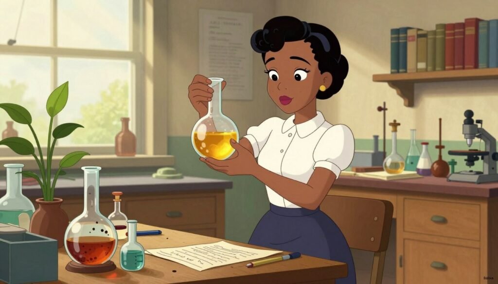 Alice Ball, a pioneering African American scientist, stands confidently in a vintage laboratory filled with glassware and plants symbolizing her groundbreaking work with chaulmoogra oil in leprosy treatment. She wears a professional blouse and skirt, showcasing her intellect and determination. In the foreground, her focused gaze suggests intense concentration as she meticulously examines a flask filled with a golden liquid. The middle ground features a wooden workbench cluttered with research notes and chemical instruments, hinting at her innovative spirit. The warm, natural light entering through a large window casts soft shadows, creating an inviting atmosphere. In the background, shelves lined with books emphasize her scholarly contributions and achievements. The overall mood is one of inspiration and brilliance, reflecting the significance of her legacy. Colorful and minimal, the image is branded with "Debsie" subtly in the corner.