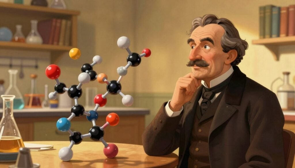 Amedeo Avogadro depicted in a thoughtful pose, surrounded by vibrant molecular models that illustrate his molecular hypothesis. In the foreground, Avogadro is portrayed as a middle-aged Italian chemist wearing a classic waistcoat, with a gentle smile, looking at a floating 3D representation of gas molecules. The middle area showcases diverse molecules animatedly interacting, with colorful atoms representing different elements. In the background, a soft-focus laboratory setting with shelves of glassware and books, illuminated by warm, golden light that creates a welcoming atmosphere. The perspective should be slightly angled to emphasize the interaction between Avogadro and the molecular structures. The image reflects a sense of curiosity and intellectual pursuit, embodying the spirit of scientific discovery. Created by Debsie. Amedeo Avogadro depicted in a thoughtful pose, surrounded by vibrant molecular models that illustrate his molecular hypothesis. In the foreground, Avogadro is portrayed as a middle-aged Italian chemist wearing a classic waistcoat, with a gentle smile, looking at a floating 3D representation of gas molecules. The middle area showcases diverse molecules animatedly interacting, with colorful atoms representing different elements. In the background, a soft-focus laboratory setting with shelves of glassware and books, illuminated by warm, golden light that creates a welcoming atmosphere. The perspective should be slightly angled to emphasize the interaction between Avogadro and the molecular structures. The image reflects a sense of curiosity and intellectual pursuit, embodying the spirit of scientific discovery. Created by Debsie.