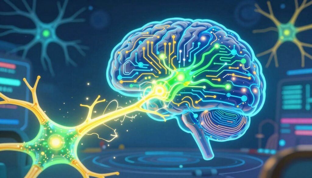 An abstract representation of neural computation, showcasing interconnected neurons in vibrant colors like blues, greens, and yellows, symbolizing cognitive processing. In the foreground, a series of glowing neural pathways branch out, with electric sparks to indicate activity and data flow. The middle ground features a stylized brain silhouette constructed from intricate circuitry, blending biology and technology. The background consists of a softly blurred digital landscape filled with swirling patterns of light, evoking a sense of depth and complexity. Soft, ambient lighting illuminates the scene, enhancing the dynamic atmosphere, reminiscent of a high-tech laboratory. The image reflects innovation, intelligence, and the modern intricacies of AI, embodying the essence of "Debsie."