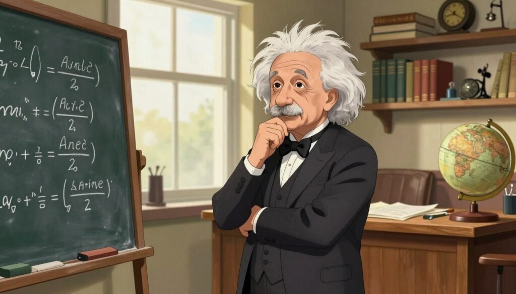 An aged Albert Einstein stands thoughtfully in a classic study, surrounded by shelves filled with physics books and vintage scientific instruments. He is wearing a smart, dark suit with a bowtie, showcasing his iconic, intellectual style. In the foreground, a chalkboard filled with complex equations is visible, hinting at his groundbreaking theories. The middle ground includes a large window casting soft, natural light, enhancing the warm atmosphere of the room. The background features a wooden desk cluttered with papers and an old globe, representing his worldwide influence in science. The overall mood is one of wisdom and contemplation, capturing Einstein as the architect of modern physics. Bright, inviting colors create a friendly but focused ambiance. --v 5 --ar 16:9 --q 2 --style 4a --debsie An aged Albert Einstein stands thoughtfully in a classic study, surrounded by shelves filled with physics books and vintage scientific instruments. He is wearing a smart, dark suit with a bowtie, showcasing his iconic, intellectual style. In the foreground, a chalkboard filled with complex equations is visible, hinting at his groundbreaking theories. The middle ground includes a large window casting soft, natural light, enhancing the warm atmosphere of the room. The background features a wooden desk cluttered with papers and an old globe, representing his worldwide influence in science. The overall mood is one of wisdom and contemplation, capturing Einstein as the architect of modern physics. Bright, inviting colors create a friendly but focused ambiance. --v 5 --ar 16:9 --q 2 --style 4a --debsie