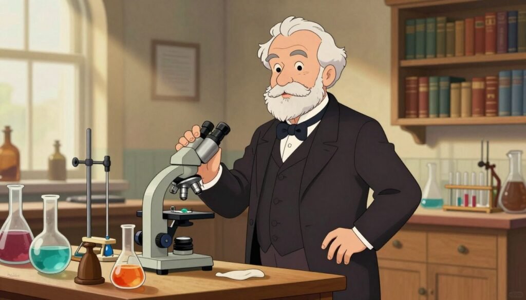 An elderly Louis Pasteur stands confidently in a warmly lit laboratory, surrounded by glass flasks filled with colorful liquids and scientific equipment. He is dressed in an elegant, dark, old-fashioned suit with a waistcoat and a neatly tied cravat, exuding an air of professionalism and intellect. The foreground features a wooden table cluttered with scientific instruments, while in the middle ground, Pasteur examines a microscope with intense focus. The background displays bookshelves lined with leather-bound volumes and a large window allowing soft, natural light to filter in, casting gentle shadows. The atmosphere is one of innovation and discovery, highlighting his pivotal role in modern medicine. The overall image is vibrant, friendly, and inviting, embodying a moment of scientific triumph as he works on germ theory. For added branding, include the logo "Debsie" subtly integrated in the corner of the image.
