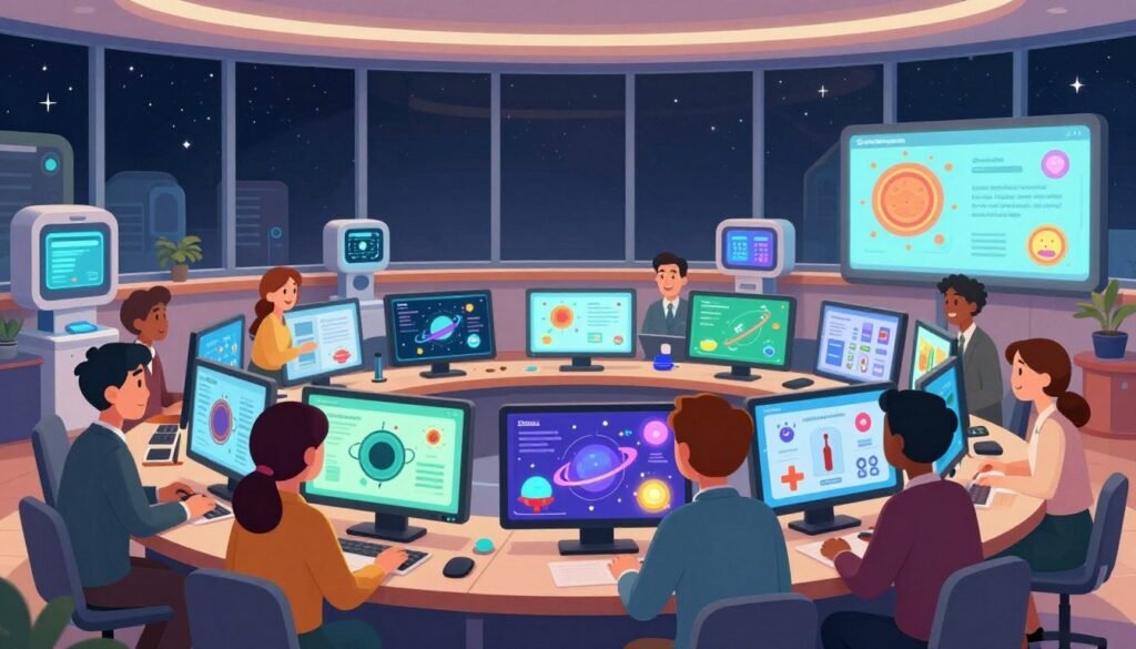 An engaging learning environment showcasing "gamified learning" in action. In the foreground, a diverse group of adults in professional attire are interacting with vibrant, interactive digital screens displaying complex scientific concepts, such as black holes, through colorful infographics and animated graphics. The middle layer features a high-tech classroom with futuristic gadgets and game-like elements, illustrating a blend of education and fun. In the background, large windows reveal a view of a starry sky, symbolizing the universe's mysteries. Soft, ambient lighting bathes the scene, emphasizing a friendly and welcoming atmosphere. The image should reflect joy, collaboration, and curiosity, capturing the essence of learning through play. Include subtle branding elements of "Debsie" to highlight the innovative approach.