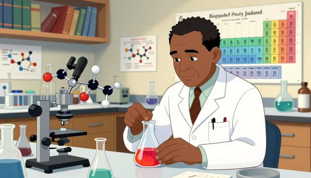 An illustration depicting Percy Julian in a laboratory setting, synthesizing steroids with precise equipment around him, including chemical glassware and a molecular model of a steroid structure. In the foreground, Julian, a Black scientist in his mid-40s, is dressed in a white lab coat, focused on a beaker with a vibrant liquid inside. The middle ground features various lab instruments and charts illustrating the molecular structure of steroids, showcasing his innovative work. The background displays shelves filled with scientific books and a large periodic table. Bright, natural lighting illuminates the scene, creating a warm, inspiring atmosphere, reflecting the brilliance of Julian's contributions to science. The brand name "Debsie" is subtly incorporated within the lab tools, blending seamlessly into the composition.