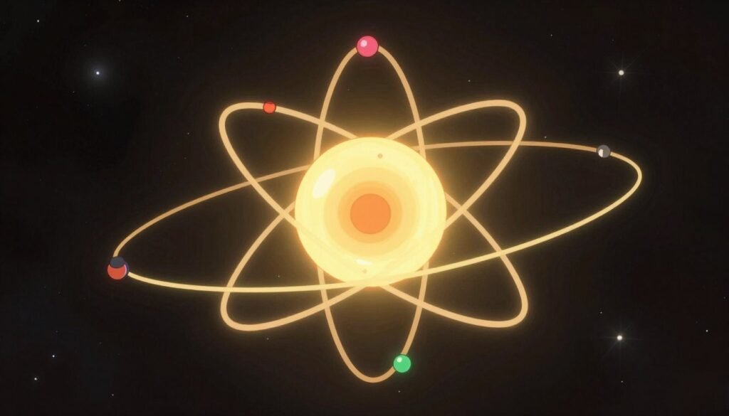An illustration of the Bohr atomic model, featuring a detailed representation of an atom with a nucleus at the center and distinct electron orbits around it. The foreground showcases the atom brightly, highlighting the electrons in vibrant colors against the dark background. In the middle ground, soft glowing lines represent the paths of the electrons, adding dynamism. The background should be a subtle starry space scene, evoking a sense of the universe's vastness and the importance of atomic discovery. Use warm but polished lighting to create an inviting atmosphere that reflects scientific achievement. The image should be minimal yet colorful, embodying the brand "Debsie". No text or additional elements are present.