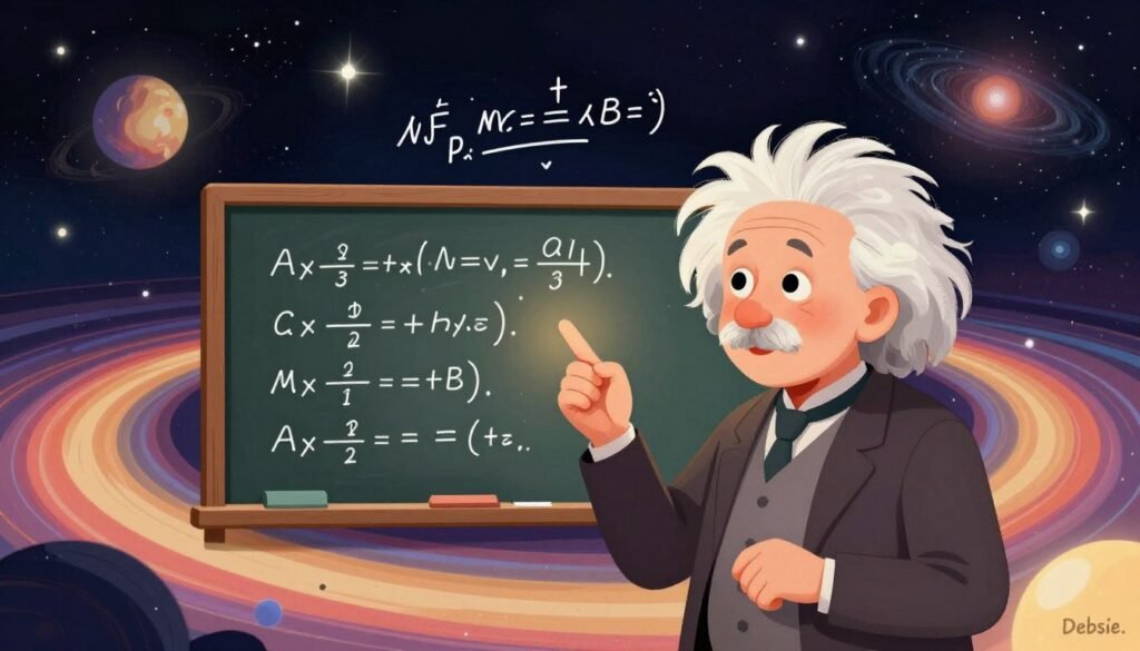 An imaginative depiction of Albert Einstein, the iconic physicist, standing in a cosmic setting that symbolizes the fabric of reality. In the foreground, show Einstein thoughtfully exploring equations floating around him, with vibrant cosmic patterns of space-time waves swirling in the background. The middle layer features a chalkboard filled with complex mathematical formulas, reflecting his groundbreaking theories of relativity. Use warm, soft lighting to create an inviting atmosphere, highlighting Einstein's expression of wonder and intelligence. The background should display a deep starry sky, filled with galaxies, nebulae, and celestial bodies, capturing the vastness of the universe. The overall mood is one of curiosity and discovery. Create this in a colorful, minimal style with the brand name "Debsie."