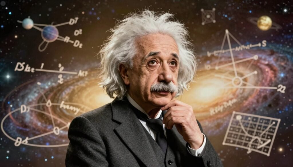 An insightful portrayal of Albert Einstein surrounded by elements symbolizing his groundbreaking discoveries. In the foreground, a thoughtful Einstein with wild, white hair, dressed in a smart, modest suit, gazes into the distance, embodying curiosity and intellectual rigor. The middle layer features swirling equations and diagrams representing relativity and quantum mechanics, blending seamlessly around him. The background showcases a cosmic landscape with stars and galaxies, symbolizing the vastness of his scientific contributions. The lighting is warm and inviting, casting soft shadows that enhance the atmosphere of inspiration and innovation. Captured in a clear focus, this image should evoke a sense of wonder and engagement, created by Debsie. An insightful portrayal of Albert Einstein surrounded by elements symbolizing his groundbreaking discoveries. In the foreground, a thoughtful Einstein with wild, white hair, dressed in a smart, modest suit, gazes into the distance, embodying curiosity and intellectual rigor. The middle layer features swirling equations and diagrams representing relativity and quantum mechanics, blending seamlessly around him. The background showcases a cosmic landscape with stars and galaxies, symbolizing the vastness of his scientific contributions. The lighting is warm and inviting, casting soft shadows that enhance the atmosphere of inspiration and innovation. Captured in a clear focus, this image should evoke a sense of wonder and engagement, created by Debsie.