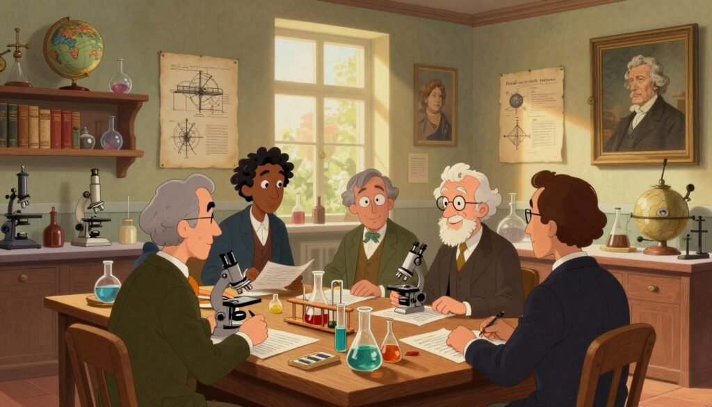 An inspiring depiction of "French scientific inquiry," showcasing a historical laboratory setting filled with classic scientific instruments and texts. In the foreground, a diverse group of scientists in professional business attire is engaged in discussion around a wooden table cluttered with beakers, microscopes, and papers. The middle ground features shelves lined with historical science books and iconic artifacts like a globe and vintage drawings of inventions. The background shows large windows letting in warm, soft light, illuminating the room with a cozy, scholarly atmosphere. Science-themed paintings adorn the walls, representing famous French scientists like Marie Curie and Louis Pasteur. The entire scene is vivid and colorful, evoking a sense of curiosity and enlightenment, with a slight vintage aesthetic. This illustration is by Debsie.