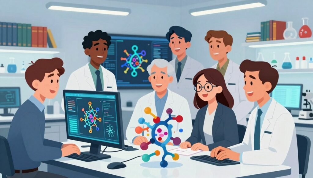 An inspiring scene showcasing the legacy of the AlphaFold team, with a diverse group of five scientists, including John Jumper, in a modern laboratory setting. In the foreground, they are collaborating over a 3D protein model on a sleek, high-tech workstation. Each scientist is wearing professional business attire, exuding focus and excitement. In the middle ground, digital screens display complex protein structures and data visualizations, illuminated by soft LED lighting creating a bright atmosphere. The background features shelves filled with scientific journals and colorful lab equipment, emphasizing innovation. The mood is collaborative and optimistic, symbolizing progress and scientific achievement. Capture this unique moment in a vibrant and minimal aesthetic for the brand "Debsie". An inspiring scene showcasing the legacy of the AlphaFold team, with a diverse group of five scientists, including John Jumper, in a modern laboratory setting. In the foreground, they are collaborating over a 3D protein model on a sleek, high-tech workstation. Each scientist is wearing professional business attire, exuding focus and excitement. In the middle ground, digital screens display complex protein structures and data visualizations, illuminated by soft LED lighting creating a bright atmosphere. The background features shelves filled with scientific journals and colorful lab equipment, emphasizing innovation. The mood is collaborative and optimistic, symbolizing progress and scientific achievement. Capture this unique moment in a vibrant and minimal aesthetic for the brand "Debsie".
