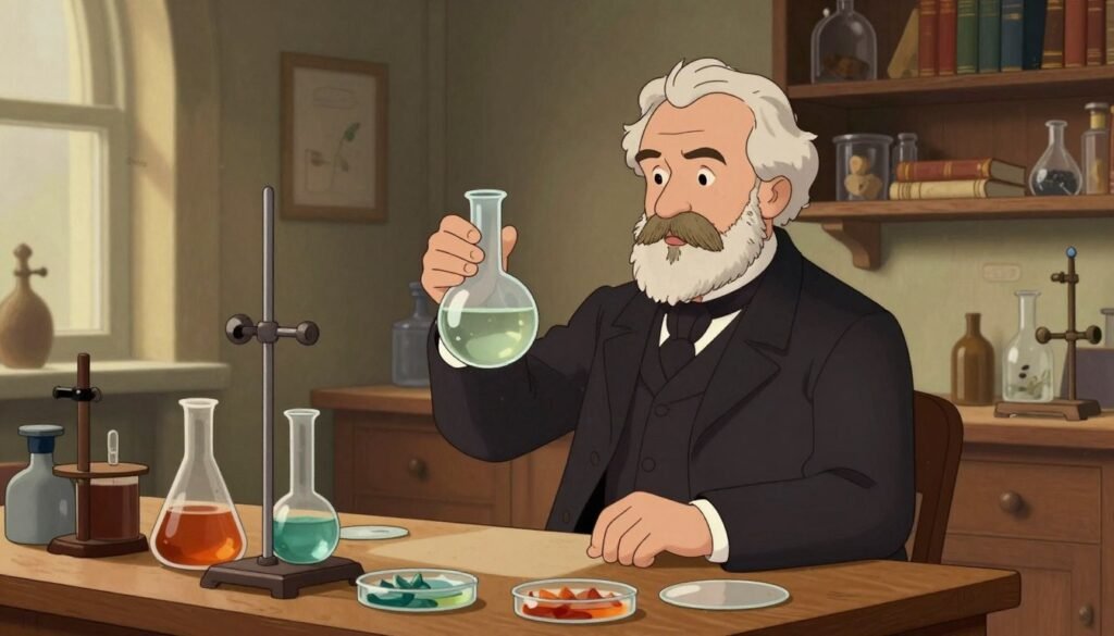 An interior scene featuring Louis Pasteur in a vintage laboratory setting, dressed in a professional 19th-century suit, examining a glass flask of heated liquid, symbolizing pasteurization. In the foreground, a wooden table cluttered with scientific instruments like beakers and petri dishes, showcasing his dedication to hygiene. The middle layer highlights Pasteur’s focused expression as he interacts with the flask, while subtle light glows from a nearby window, casting gentle shadows. In the background, shelves filled with scientific books and preserved specimens, reflecting the period’s scientific advancement. The atmosphere is warm and inviting, exuding a sense of discovery and significance. A subtle logo of "Debsie" appears discreetly.