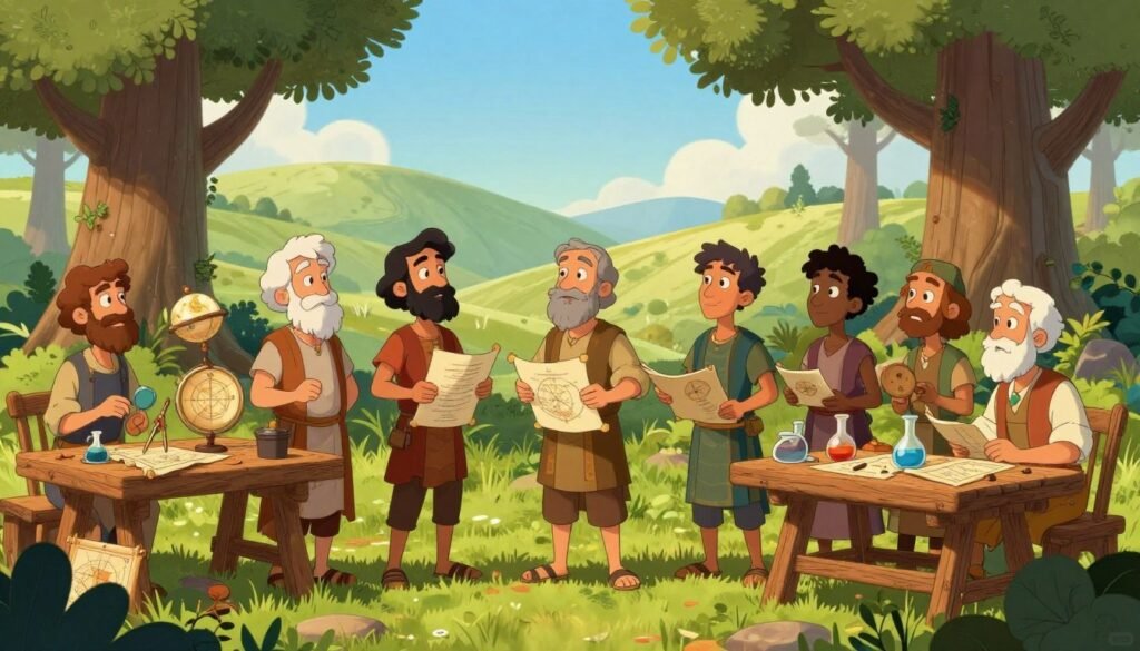 Ancient pioneers of science stand in a sun-dappled clearing, surrounded by lush greenery and towering ancient trees. In the foreground, a diverse group of thinkers, including a philosopher, a mathematician, and an early chemist, are engaged in deep discussion over scrolls and astrolabes, each dressed in modest, historical attire reflective of their era. The middle ground features rustic wooden tables scattered with tools of inquiry—compasses, beakers, and celestial maps. In the background, gentle rolling hills fade into a bright blue sky, with soft, diffused sunlight creating a warm, inspiring atmosphere. The scene captures a sense of curiosity and exploration, evoking the dawn of scientific inquiry, with rich colors enhancing the mood. Emphasize a friendly and approachable vibe, ensuring all human figures convey professionalism and respect. By Desbie.