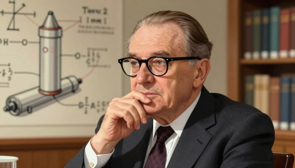 Andrei Sakharov, a distinguished physicist and human rights activist, depicted in a thoughtful pose, reflecting his profound intellect. In the foreground, he is dressed in a professional dark suit and tie, his glasses accentuating his wise expression. His hairstyle is neatly combed, adding to his dignified presence. The middle ground features elements of scientific research, such as equations and diagrams subtly integrated into the backdrop, representing his contributions to physics and the hydrogen bomb. The background includes a soft, out-of-focus library setting, symbolizing knowledge and enlightenment. Utilize warm lighting to create a serene, contemplative atmosphere, with a slight lens blur for depth. The overall mood is one of respect and admiration for his legacy. Colorful accents should be included, ensuring the scene feels vibrant yet professional. Created by Debsie. Andrei Sakharov, a distinguished physicist and human rights activist, depicted in a thoughtful pose, reflecting his profound intellect. In the foreground, he is dressed in a professional dark suit and tie, his glasses accentuating his wise expression. His hairstyle is neatly combed, adding to his dignified presence. The middle ground features elements of scientific research, such as equations and diagrams subtly integrated into the backdrop, representing his contributions to physics and the hydrogen bomb. The background includes a soft, out-of-focus library setting, symbolizing knowledge and enlightenment. Utilize warm lighting to create a serene, contemplative atmosphere, with a slight lens blur for depth. The overall mood is one of respect and admiration for his legacy. Colorful accents should be included, ensuring the scene feels vibrant yet professional. Created by Debsie.