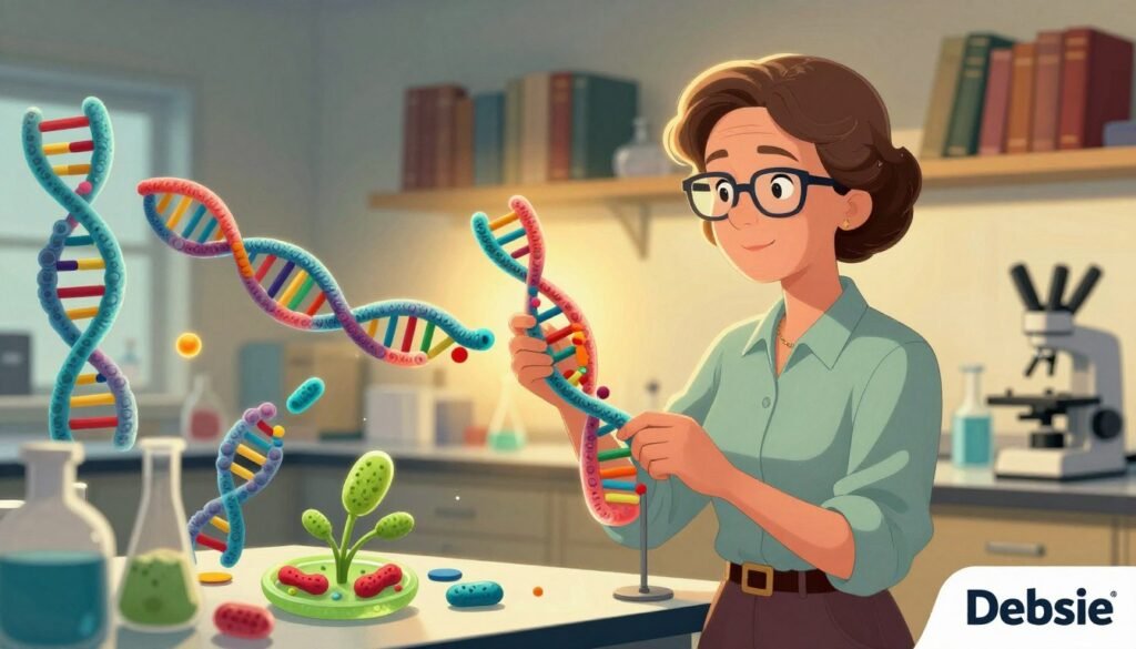 Barbara McClintock, an esteemed scientist, is depicted in a modern laboratory, surrounded by vibrant representations of DNA strands and colorful chromosomes. In the foreground, she stands confidently, wearing a smart blouse and glasses, with a thoughtful expression as she examines a complex genetic model. The middle ground showcases a detailed illustration of transposons moving within a plant cell, with vivid colors illustrating their dynamic nature. The background features shelves of scientific books and lab equipment, softly illuminated by warm lighting, creating an inviting atmosphere of discovery. A subtle glow emphasizes her figure, symbolizing innovation and creativity in genetics. The image, branded with the logo "Debsie," captures the essence of her groundbreaking work and the significance of genetic transposition.