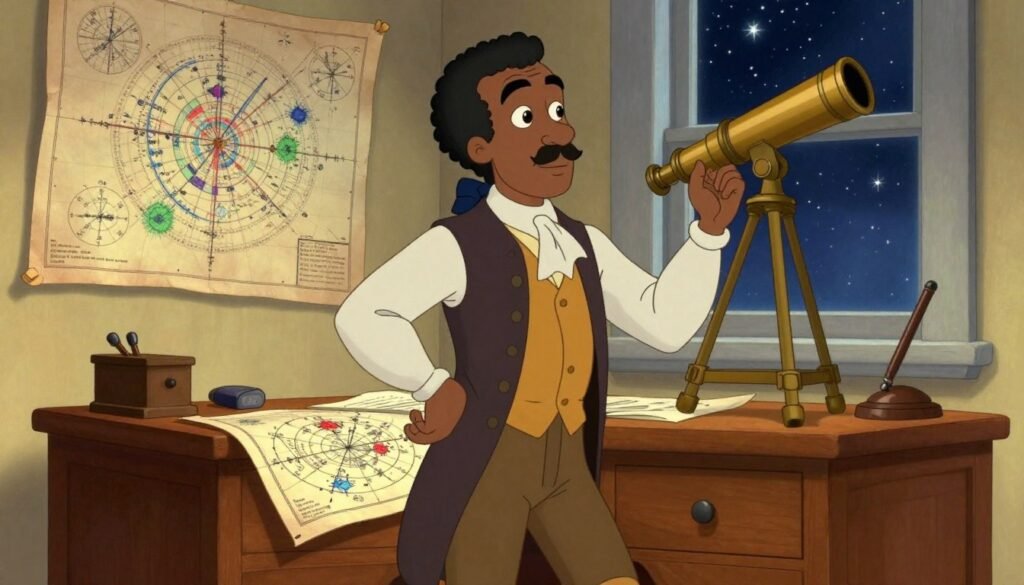 Benjamin Banneker, an African American scientist and astronomer, stands confidently at a vintage wooden desk, surrounded by celestial charts and a telescope, symbolizing his contributions to early American science. He is dressed in 18th-century professional attire, featuring a waistcoat and breeches, exuding intelligence and determination. In the background, a window reveals a starry night sky, enhancing the focus on his astronomical work. Soft, warm lighting illuminates the scene, casting gentle shadows that create depth. The camera angle is slightly elevated, giving a dynamic perspective on Banneker’s dedication to his studies. The atmosphere is inspiring and reflective, capturing the essence of a brilliant mind dedicated to science. Colorful accents from the star charts and wooden desk elements provide a friendly and inviting feel, symbolizing enlightenment and exploration. Debsie