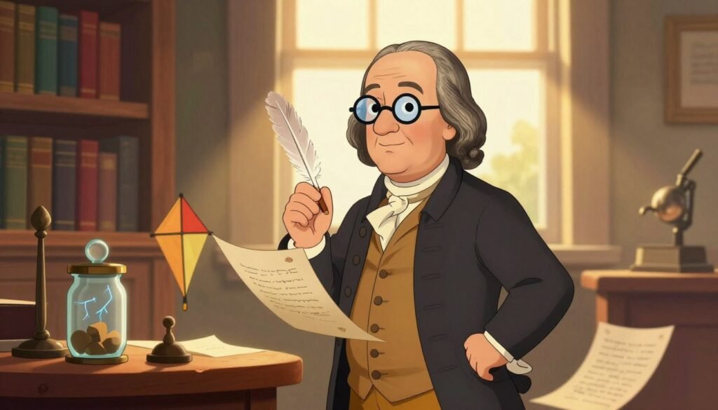 Benjamin Franklin stands thoughtfully in a softly lit study, wearing a classic 18th-century waistcoat and bifocals, with a quill in hand and parchment scattered around him. His expression is one of wisdom and curiosity, embodying the spirit of discovery. In the foreground, a small table holds scientific instruments, a glass jar, and a small kite, alluding to his famous experiments with electricity. The middle layer features bookshelves filled with volumes on science and philosophy, while the background reveals a large window through which warm, golden sunlight streams, casting a serene ambiance. The overall mood is one of intellectual exploration and innovation, celebrating Franklin’s contributions to science and society. The image is vibrant, friendly, and minimal, designed to illustrate the essence of Franklin’s legacy, captured in a style reminiscent of a classic portrait. Debsie.
