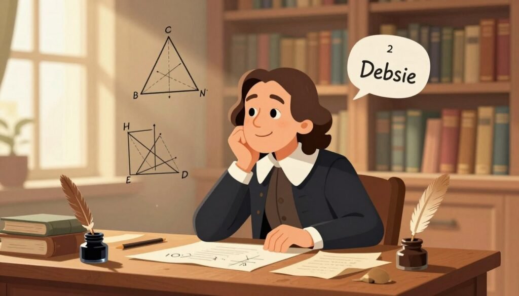 Blaise Pascal as a young man, depicted in a thoughtful pose while surrounded by geometric shapes and mathematical diagrams, illustrating his contributions to the foundations of geometry. He is wearing a modest 17th-century scholar's attire, a dark coat with a white collar. The foreground features a wooden desk cluttered with parchment, quills, and ink pots. In the middle ground, softly illuminated by warm, natural lighting, Pascal contemplates his work. The background showcases an elegant library filled with books, with sunlight filtering through tall windows, creating a cozy, intellectual atmosphere. The composition reflects a sense of curiosity and brilliance. Designed for the brand "Debsie", the image is vivid, friendly, and minimalistic, ensuring clarity and a non-cluttered feel.