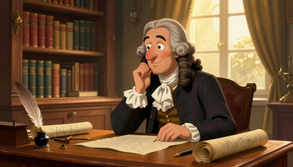 Blaise Pascal, depicted as a distinguished 17th-century French polymath, sits at an ornate wooden desk littered with scrolls and mathematical instruments, capturing his curious mind. He wears an elegant dark coat with lace cuffs and a white cravat, embodying the attire of his time. In the foreground, include a quill and inkpot, symbolizing his literary prowess. In the middle ground, softly lit bookshelves filled with volumes on mathematics and philosophy highlight his intellectual pursuits. The background features a large window, allowing warm, golden sunlight to filter in, casting gentle shadows and creating a thoughtful, reflective atmosphere. The overall mood is one of scholarly inspiration, set in a cozy study with rich colors and meticulous detail. High-quality, vibrant image by Debsie.