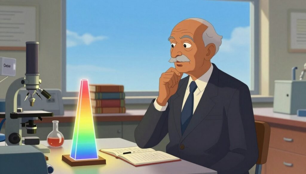 C.V. Raman, a distinguished Indian physicist, stands in a laboratory filled with scientific instruments, wearing a formal suit and tie, reflecting his professional demeanor. His thoughtful expression conveys curiosity and intellect. In the foreground, a prism catching light splits into a spectrum, symbolizing his groundbreaking work on light scattering and the significance of the blue sky. The middle ground features books on physics and notebooks scattered around, hinting at deep research and discovery. The background shows a large window with a clear blue sky, illustrating the natural phenomenon he explained. Soft, warm lighting highlights his profile, creating an inspiring and uplifting atmosphere. The overall composition is colorful, minimal, and inviting, ideal for capturing the essence of his scientific contributions. Brand name "Debsie" subtly incorporated in the lab setting.
