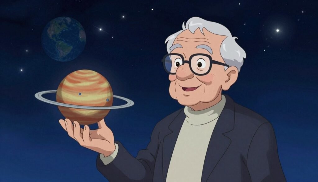 Carl Sagan, depicted as an elderly scientist with white hair and glasses, wearing a smart, dark blazer over a light turtleneck sweater, stands thoughtfully in the foreground, holding a model of the Solar System in one hand. His warm smile and expressive eyes convey passion for science. In the middle ground, a starry night sky illuminated by soft, ethereal lighting creates a cosmic backdrop, reflecting Sagan's fascination with the universe. The distant silhouette of Earth is subtly visible, hinting at a harmonious relationship between humanity and the cosmos. The atmosphere is inviting and inspiring, evoking a sense of wonder and curiosity about science and exploration. The entire scene is well-composed, utilizing a balanced composition with vibrant colors that capture the essence of scientific communication. This image is designed to be friendly, minimal, and engaging. Debsie.