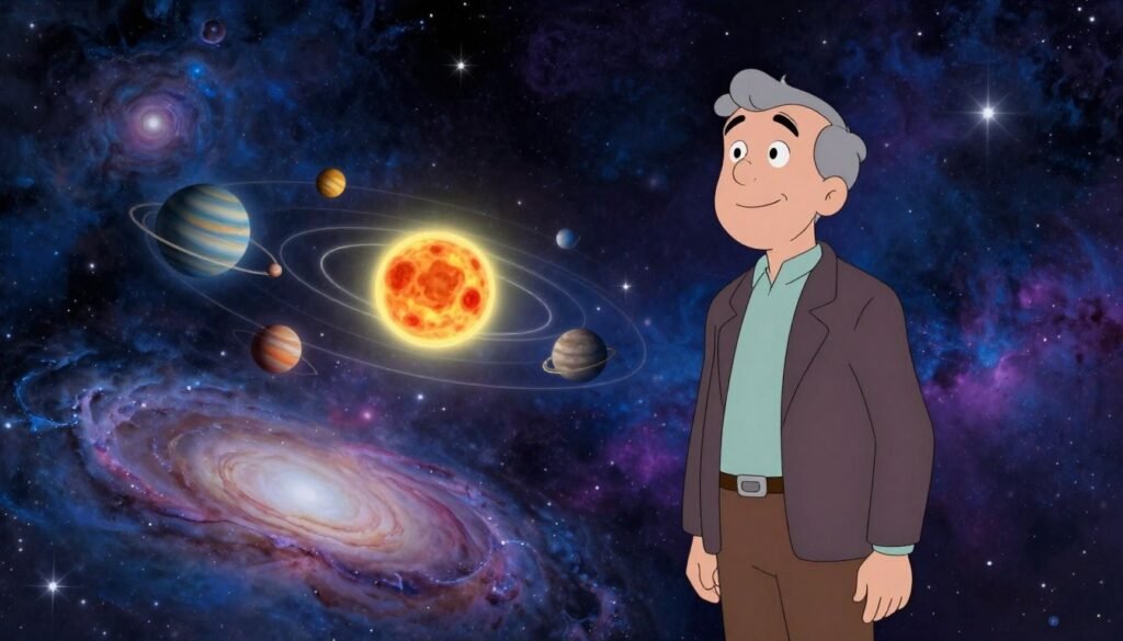 Carl Sagan standing in a starry expanse of space, wearing a professional outfit, his expression thoughtful and inspiring. In the foreground, a cosmic scene filled with swirling galaxies, vibrant nebulae, and twinkling stars, showcasing the wonder of the universe. The middle ground features a glowing representation of the Solar System, with planets orbiting around the sun, each vividly colored to emphasize their unique characteristics. The background is a deep blue and purple cosmic tapestry, enhancing the feeling of vastness and mystery. The lighting is soft, creating a serene and contemplative atmosphere. The angle captures Sagan looking towards the cosmos, embodying curiosity and admiration for space. The overall mood is friendly and uplifting, inviting viewers to share in the beauty of the universe. By Debsie. Carl Sagan standing in a starry expanse of space, wearing a professional outfit, his expression thoughtful and inspiring. In the foreground, a cosmic scene filled with swirling galaxies, vibrant nebulae, and twinkling stars, showcasing the wonder of the universe. The middle ground features a glowing representation of the Solar System, with planets orbiting around the sun, each vividly colored to emphasize their unique characteristics. The background is a deep blue and purple cosmic tapestry, enhancing the feeling of vastness and mystery. The lighting is soft, creating a serene and contemplative atmosphere. The angle captures Sagan looking towards the cosmos, embodying curiosity and admiration for space. The overall mood is friendly and uplifting, inviting viewers to share in the beauty of the universe. By Debsie.