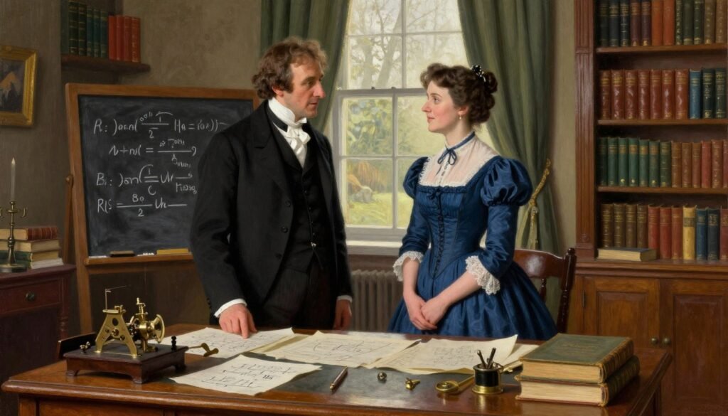 Charles Babbage and Ada Lovelace stand together in a warmly lit Victorian study, surrounded by books and papers, suggesting an atmosphere of intellectual collaboration. Babbage, in a tailored black suit with a white cravat, is engaged in conversation with Lovelace, who wears a modest yet elegant Victorian dress in deep blue, with a delicate lace collar. The foreground features a beautifully crafted wooden desk filled with algorithm notes and early mechanical drawing tools. In the middle, we see a chalkboard with mathematical equations. The background reveals shelves lined with leather-bound books and a large window letting in soft natural light, creating a friendly and inspiring mood. The scene captures the essence of their groundbreaking partnership in early computing, all framed in a classic oil painting style. Colorful and minimal, this image, branded "Debsie," emphasizes their shared intellectual spark.