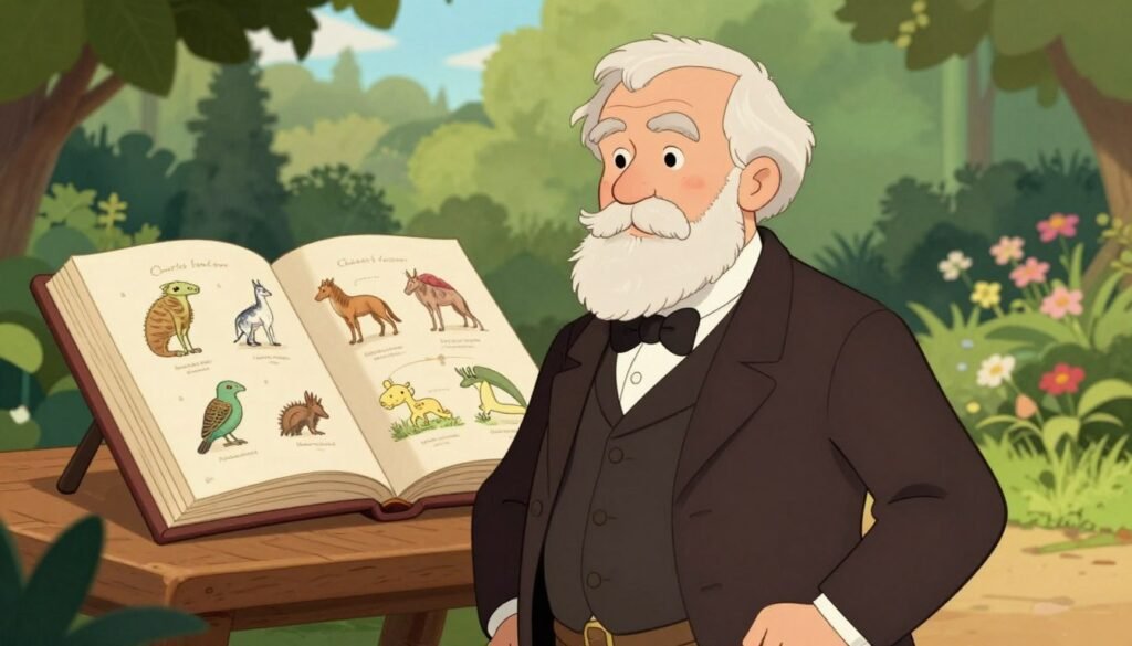 Charles Darwin, a distinguished figure in scientific history, stands confidently at the foreground, dressed in a professional Victorian-style suit with a waistcoat and a bow tie. His thoughtful expression reflects his profound understanding of biological life. In the middle ground, an open book rests on a wooden table, displaying sketches of various species and evolutionary diagrams. The background features a serene garden setting, with lush greenery and a few blooming flowers, illustrating the rich diversity of life he studied. Soft, natural lighting filters through the leaves, creating a warm and inviting atmosphere. The overall mood is contemplative and inspiring, emphasizing his lasting impact on science. Colorful shades of green and brown dominate the scene, with a subtle blue sky peeking through the foliage. This image encapsulates the essence of Darwin's contributions to biology. Brand name: Debsie.
