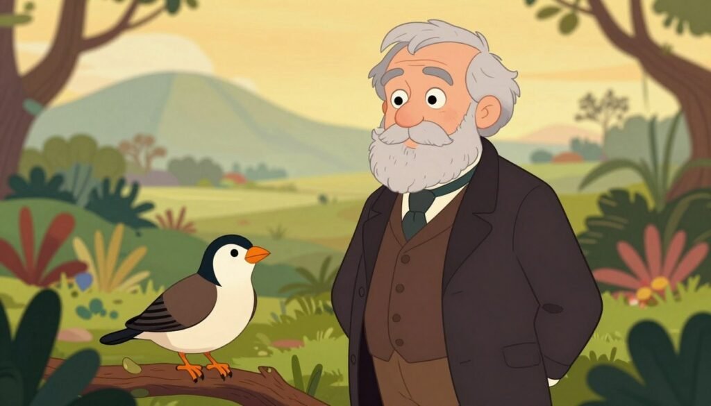 Charles Darwin, an elderly man with a thoughtful expression, wears a classic Victorian suit featuring a waistcoat. His distinctive gray beard and intense eyes convey a sense of wisdom and curiosity. He stands in a natural setting, surrounded by diverse flora and fauna, representing the concepts of evolution. In the foreground, a detailed illustration of a Galapagos finch rests on a branch. The middle ground features lush vegetation, while the background includes a soft, misty landscape with rolling hills under a warm, golden sunlight, creating an inviting atmosphere. Capture this scene with a gentle depth of field effect, highlighting Darwin in sharp focus. Use vibrant colors to evoke a sense of wonder and discovery. This image should feel friendly and inspiring, embodying the spirit of exploration and scientific inquiry. Designed by Debsie.