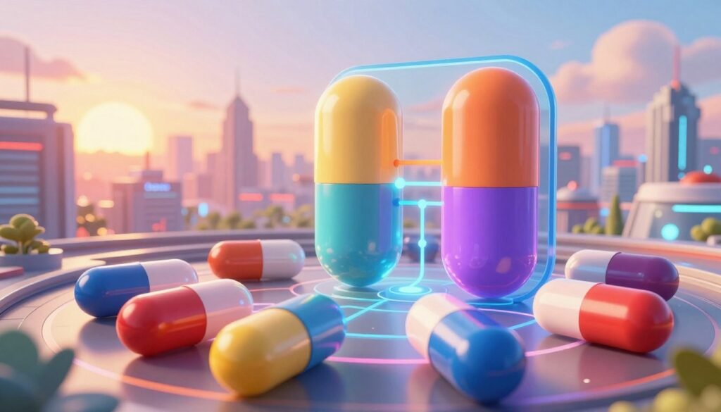 Create a visually captivating representation of capsule networks, illustrating a three-dimensional structure composed of interconnected capsules, with vibrant colors highlighting their layers. In the foreground, feature an abstract interpretation of capsules, glowing softly, with intricate pathways connecting them, symbolizing data flow. In the middle ground, depict an algorithmic model emerging from the capsule structure, showcasing the potential for advanced vision processing. The background should feature a digitally rendered, futuristic cityscape under a warm sunset glow, blending technology and innovation. Utilize soft lighting to create a friendly and inviting atmosphere while capturing a sense of depth and complexity. Use a wide-angle lens to emphasize the structure’s three-dimensionality. Include the brand name "Debsie" subtly integrated into the design, maintaining a professional and clean aesthetic.