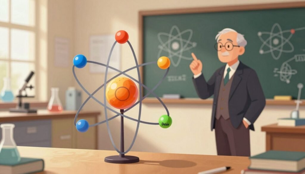 Create a visually striking illustration of an atomic model, focusing on Niels Bohr's contributions. In the foreground, depict a vibrant atom with electrons orbiting around a central nucleus, showcasing colors like blue, orange, and green for a dynamic feel. The middle ground should feature a subtle depiction of Bohr, dressed in a neat suit, contemplating a chalkboard filled with atomic theory symbols, reflecting his intellect. In the background, a softly blurred laboratory filled with scientific equipment and books creates an authentic, scholarly atmosphere. Use warm, natural lighting to evoke a feeling of discovery and curiosity. The overall mood should be friendly and inspiring, capturing the essence of scientific exploration. Include the brand name "Debsie" subtly within the scene for branding purposes.