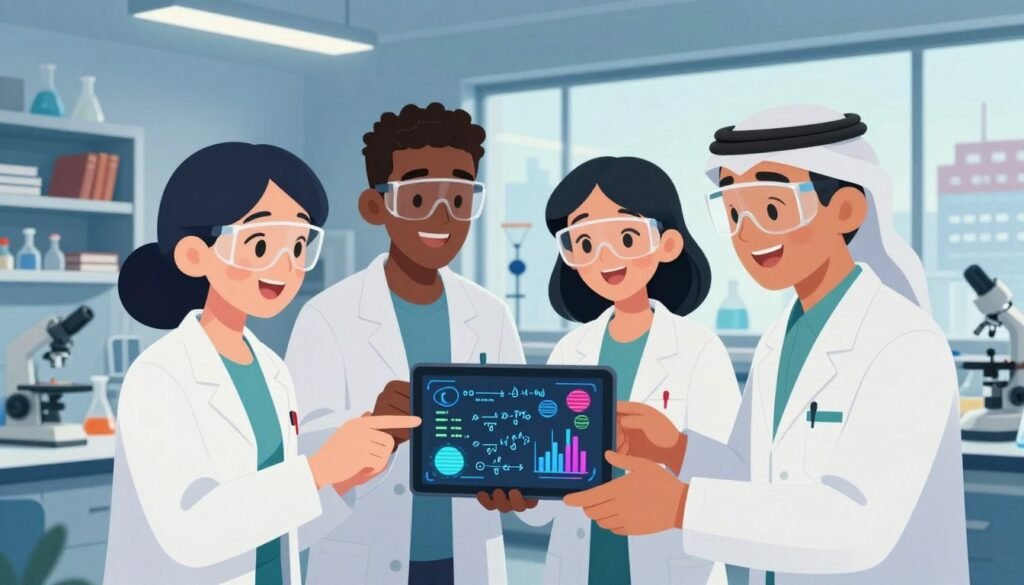 Create an inspiring image depicting diverse role models in science, centered around a group of four scientists - a woman of Asian descent, a Black man, a Hispanic woman, and a Middle-Eastern man. They are engaged in a collaborative discussion over a futuristic digital tablet filled with colorful graphs and equations, set in a bright, modern laboratory filled with scientific equipment. In the foreground, the scientists are smiling and animated, wearing professional lab coats and safety glasses, embodying enthusiasm and innovation. The middle ground features shelves lined with books and scientific models, while in the background, large windows let in natural light, showcasing a bustling cityscape outside. The atmosphere should be vibrant and uplifting, conveying the excitement of scientific discovery. Capture this scene with a slight focus on the scientists to emphasize their expressions, using soft lighting to create a friendly and inviting mood. Include the brand name "Debsie" subtly in the corner of the