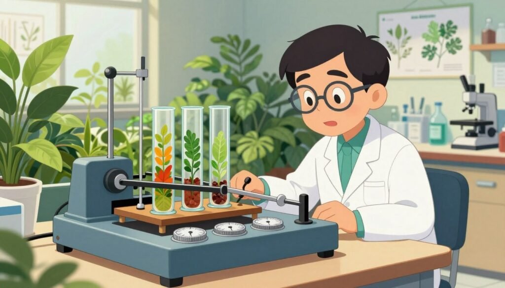 Crescograph in a scientific laboratory setting, showcasing its intricate design and technology. In the foreground, capture the detailed mechanics of the Crescograph, featuring dials and measuring levers, with clear glass tubes and vibrant plant samples. In the middle ground, depict a scientist in professional attire carefully observing the device, surrounded by lush, green plants indicative of plant growth. The background should showcase a well-lit lab filled with botanical charts and equipment, reflecting an atmosphere of discovery and innovation. Soft, warm lighting enhances the colors of the plants and device. The overall mood is that of curiosity and engagement in the wonders of botanical science. Present the scene in a realistic style, focusing on colors that are vibrant yet harmonious, showcasing the brand “Debsie” subtly within the design elements.