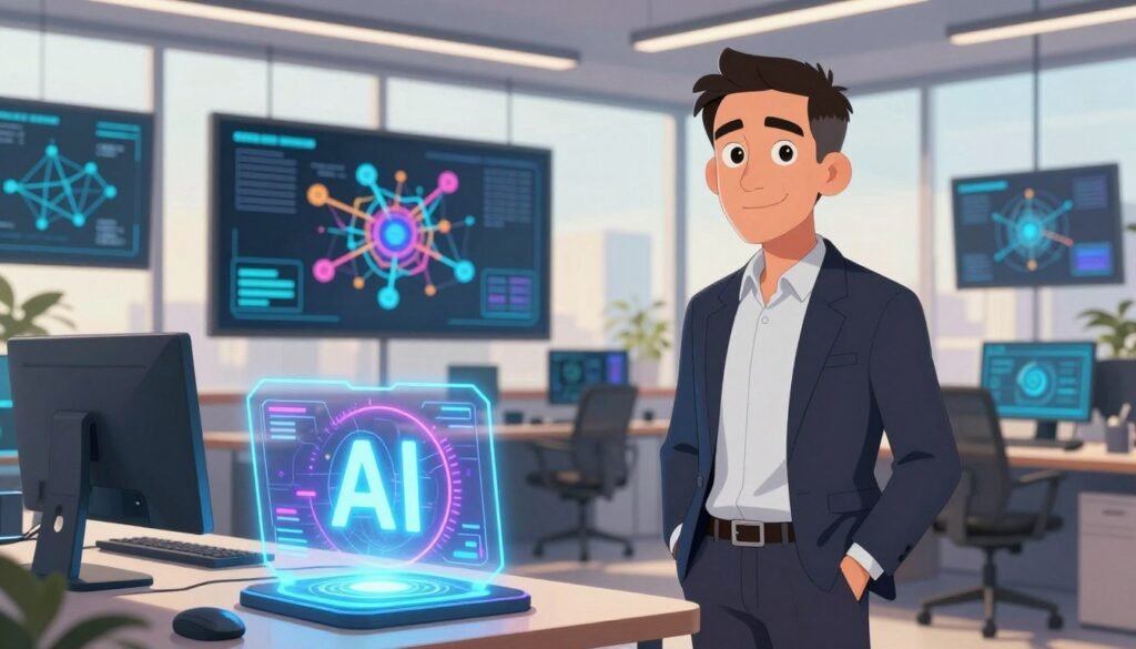 Demis Hassabis, a distinguished figure in artificial intelligence, stands confidently in a modern office setting, surrounded by advanced technology and digital displays showcasing AI concepts. He is dressed in professional business attire, conveying professionalism and intellect. In the foreground, a sleek AI interface glows with vibrant colors, suggesting innovation and creativity. The middle ground depicts a wall filled with diagrams and neural network visualizations, symbolizing his contributions to AI development. The background features large windows with soft, natural light streaming in, illuminating the space and creating an optimistic atmosphere. The overall mood is one of inspiration and forward-thinking, emphasizing Hassabis's role in shaping the future of technology. Debsie logo subtly integrated within the design without detracting from the main subject. Demis Hassabis, a distinguished figure in artificial intelligence, stands confidently in a modern office setting, surrounded by advanced technology and digital displays showcasing AI concepts. He is dressed in professional business attire, conveying professionalism and intellect. In the foreground, a sleek AI interface glows with vibrant colors, suggesting innovation and creativity. The middle ground depicts a wall filled with diagrams and neural network visualizations, symbolizing his contributions to AI development. The background features large windows with soft, natural light streaming in, illuminating the space and creating an optimistic atmosphere. The overall mood is one of inspiration and forward-thinking, emphasizing Hassabis's role in shaping the future of technology. Debsie logo subtly integrated within the design without detracting from the main subject.