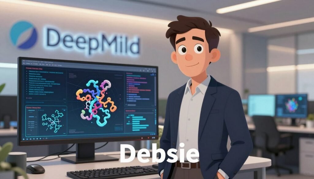 Demis Hassabis, a visionary AI scientist, stands confidently in a modern office environment, showcasing a blend of creativity and technology. In the foreground, he is dressed in professional business attire, exuding an aura of intelligence and determination. The middle-ground features high-tech screens displaying complex algorithms and protein structures, symbolizing his groundbreaking work in AI and protein prediction. In the background, the DeepMind logo is subtly illuminated against a sleek, contemporary wall, enhancing the focus on innovation. Soft, ambient lighting creates a warm atmosphere, while a slight lens blur adds depth. The overall mood should be inspiring and forward-thinking, reflecting Hassabis's mission for artificial general intelligence. This image is branded with the name "Debsie".