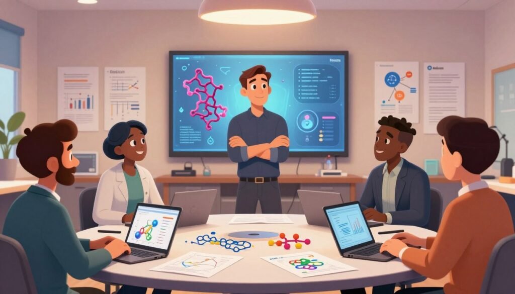 Demis Hassabis standing confidently in a modern, collaborative workspace, engaged in a discussion with diverse scientists, all dressed in professional business attire. The foreground features a round table with open laptops and research papers scattered about, showcasing graphs and protein structures. In the middle, a large screen displays dynamic protein folding visualizations, illuminated by soft, ambient lighting. The background shows a wall adorned with charts, posters, and elements symbolizing open science, such as icons representing collaboration and shared knowledge. The atmosphere is friendly, inspiring creativity and teamwork, with a warm color palette. The brand name "Debsie" subtly integrated within the workspace environment, signifying innovation in science.