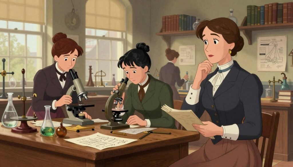 Depict a group of women in Victorian science, gathered in a well-lit, historic laboratory filled with books, scientific instruments, and charts. In the foreground, showcase a thoughtful woman in a modest yet elegant Victorian dress, standing near a wooden desk cluttered with papers and mathematical tools. In the middle ground, two women collaborate on an experiment, one using a microscope while the other jots down notes. The background reveals large windows, allowing soft, natural light to illuminate the space, and shelves lined with scientific texts. The atmosphere is one of intellectual curiosity and determination, capturing the essence of women overcoming societal challenges in their pursuit of knowledge. This colorful scene reflects the spirit of resilience and innovation, ideal for highlighting the contributions of women in Victorian science. Created by Debsie.