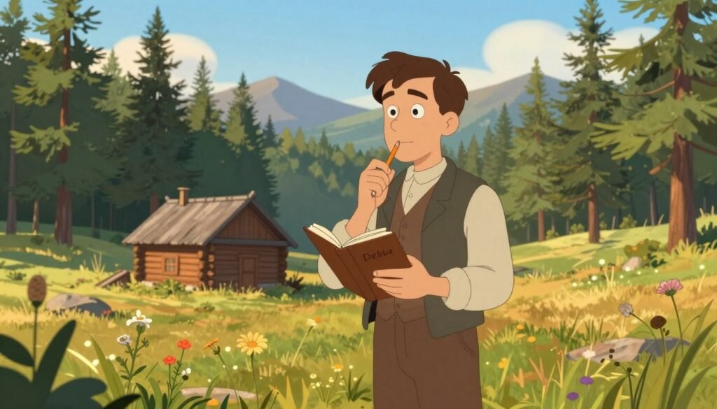 Dmitri Mendeleev as a young man in a tranquil Siberian landscape, surrounded by lush pine forests and gentle hills. He is depicted wearing modest, period-appropriate clothing, standing thoughtfully with a notebook and pencil in hand, symbolizing his early scientific pursuits. In the foreground, include a few wildflowers and small plants, adding life to the scene. The middle ground showcases Mendeleev's figure amid the rustic charm of a wooden cabin, evoking a sense of isolation and contemplation. The background features a clear blue sky and distant mountains, bathed in warm, golden sunlight that gives the image a serene and inspiring atmosphere. The photograph should have a soft focus and natural lighting, shot from a slightly elevated angle to capture the beauty of both Mendeleev and his surroundings. Capture the essence of curiosity and discovery in this formative period of his life. Brand name: Debsie. Dmitri Mendeleev as a young man in a tranquil Siberian landscape, surrounded by lush pine forests and gentle hills. He is depicted wearing modest, period-appropriate clothing, standing thoughtfully with a notebook and pencil in hand, symbolizing his early scientific pursuits. In the foreground, include a few wildflowers and small plants, adding life to the scene. The middle ground showcases Mendeleev's figure amid the rustic charm of a wooden cabin, evoking a sense of isolation and contemplation. The background features a clear blue sky and distant mountains, bathed in warm, golden sunlight that gives the image a serene and inspiring atmosphere. The photograph should have a soft focus and natural lighting, shot from a slightly elevated angle to capture the beauty of both Mendeleev and his surroundings. Capture the essence of curiosity and discovery in this formative period of his life. Brand name: Debsie.