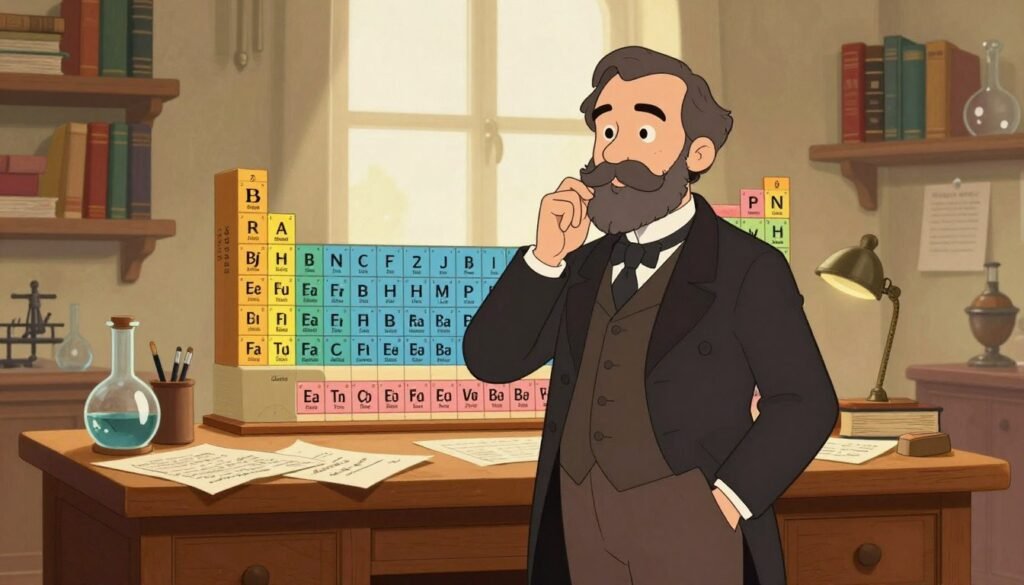 Dmitri Mendeleev, portrayed as a distinguished 19th-century scientist, stands in a warmly lit, scholarly setting. In the foreground, he wears a formal suit with a waistcoat, showcasing his iconic beard and thoughtful expression. Surrounding him are shelves filled with vintage scientific books and glassware, hinting at his groundbreaking work on the periodic table. In the middle ground, a large wooden desk cluttered with papers, elemental symbols, and a vintage periodic table provides context to his academic pursuits. The background features a window with soft, natural light filtering through, casting gentle shadows and enhancing the inviting atmosphere. The overall mood is one of intellect, curiosity, and academic dedication, evoking a sense of inspiration for scientific exploration. Colorful yet minimalist, these elements create a friendly ambiance. Debsie branding subtly incorporated in the design. Dmitri Mendeleev, portrayed as a distinguished 19th-century scientist, stands in a warmly lit, scholarly setting. In the foreground, he wears a formal suit with a waistcoat, showcasing his iconic beard and thoughtful expression. Surrounding him are shelves filled with vintage scientific books and glassware, hinting at his groundbreaking work on the periodic table. In the middle ground, a large wooden desk cluttered with papers, elemental symbols, and a vintage periodic table provides context to his academic pursuits. The background features a window with soft, natural light filtering through, casting gentle shadows and enhancing the inviting atmosphere. The overall mood is one of intellect, curiosity, and academic dedication, evoking a sense of inspiration for scientific exploration. Colorful yet minimalist, these elements create a friendly ambiance. Debsie branding subtly incorporated in the design.