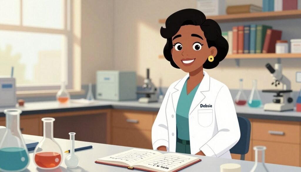 Dr. Alice Ball, a poised African American woman in her early 30s, stands confidently at a laboratory bench, wearing a smart, professional lab coat over modest casual attire. She has an engaging smile and focused eyes that reflect her intelligence and determination. In the foreground, laboratory glassware and a notebook filled with handwritten notes are neatly arranged. In the middle ground, shelves lined with scientific books and equipment can be seen, showing a space dedicated to research. The background features a soft glow from natural light filtering through a window, creating a warm and inspiring atmosphere. The image is composed with a slight depth of field, subtly blurring the background to emphasize Dr. Ball's contribution to medicinal chemistry, particularly her groundbreaking work on the treatment for leprosy. The overall mood is vibrant, hopeful, and celebratory of scientific achievement. Create this image in a colorful, friendly style, branded with "Debsie".