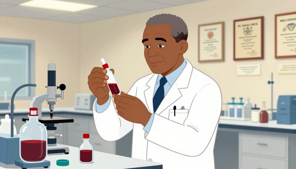 Dr. Charles Drew, a distinguished African American scientist, is depicted in a modern laboratory, wearing a crisp white lab coat over professional attire. He is intently examining a vial of blood plasma, symbolizing his groundbreaking work in blood transfusion and storage. In the foreground, there are various lab instruments and a blood plasma storage unit, showcasing the high-tech environment. The background features a wall of scientific plaques and accolades, subtly illuminated by soft, warm lighting to create a welcoming atmosphere. The overall mood conveys a sense of innovation, dedication, and achievement, emphasizing Drew's crucial contributions to medicine. The image should be colorful and minimalistic, with clear focus on Dr. Drew's expression of determination and passion for science. Brand name: Debsie.