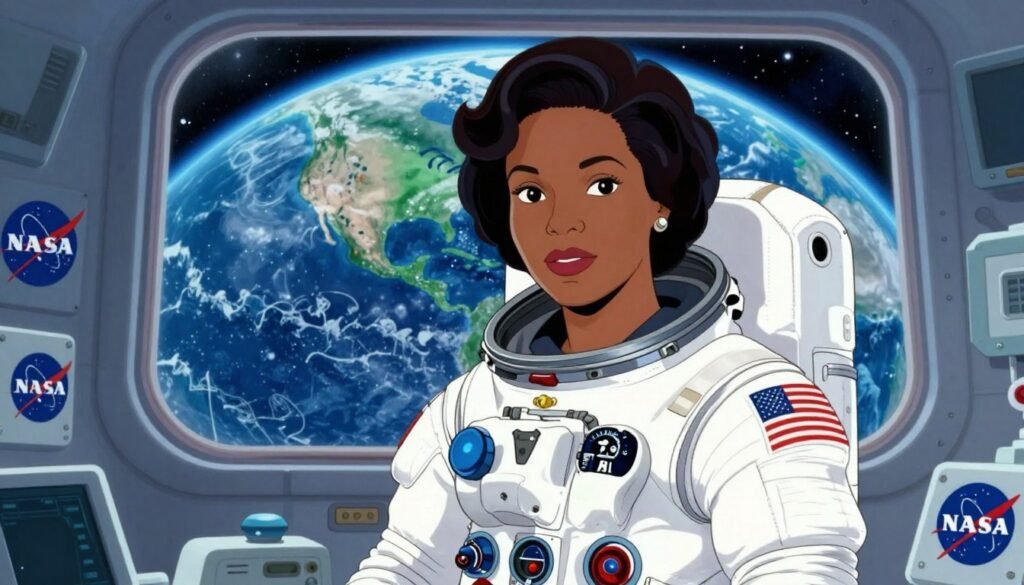 Dr. Mae Jemison, a pioneering African American astronaut and physician, is depicted in a sleek space suit, standing confidently in a modern spacecraft. In the foreground, her determined expression conveys intelligence and ambition, with soft, warm lighting highlighting her face. The middle ground features advanced medical equipment and NASA insignia, blending themes of medicine and space exploration. The background showcases a view of Earth from the spacecraft window, bathed in a stunning palette of blues and greens, symbolizing life and innovation. The scene embodies an inspiring, bright atmosphere, reflecting the spirit of exploration and discovery. The overall mood is uplifting, emphasizing Jemison's trailblazing contributions to science. This image is created in a vibrant, illustrative style with a focus on professionalism, celebrating her legacy. Debsie.