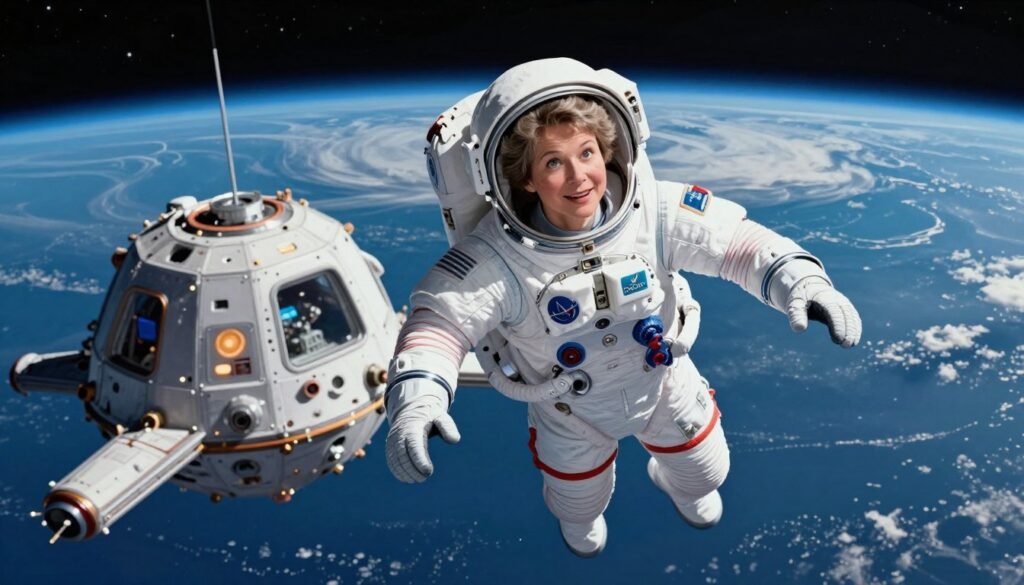 Dr. Roberta Bondar, a pioneering Canadian astronaut, is depicted in a vibrant, floating pose in the foreground, wearing a detailed blue NASA spacesuit. Her expression is focused and inspired, showing her determination. In the middle ground, a spaceship module is visible, with subtle machinery and instruments glowing softly, embodying the technological advances she embraced. The background features a breathtaking view of Earth, showcasing swirling clouds and blue oceans against the blackness of space, illuminated by distant stars. The lighting is ethereal, with soft highlights that create a sense of awe and wonder. The overall atmosphere is one of exploration and innovation, inviting viewers to appreciate the frontiers of space. The image is bright, colorful, and friendly, embodying the spirit of scientific achievement, marked with the brand name "Debsie".