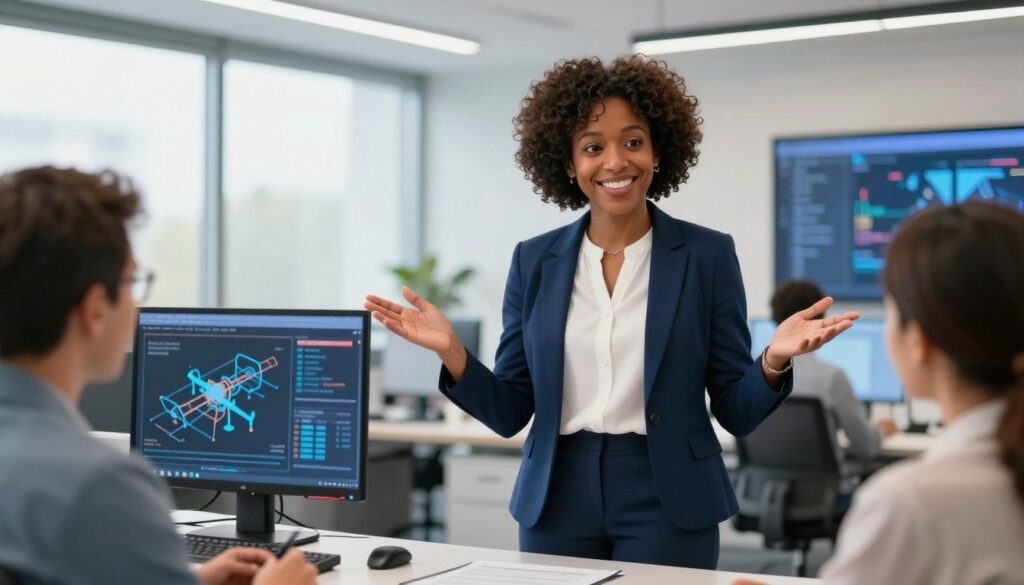 Dr. Shirley Jackson, an esteemed African American physicist, stands confidently in a modern office environment, wearing a professional navy blue blazer over a crisp white blouse. She has short, naturally coiled hair and is smiling, exuding warmth and intelligence. In the foreground, she is engaged in conversation with colleagues, perhaps gesturing toward a digital screen displaying telecommunications technology diagrams. The middle ground includes sleek office furniture and contemporary equipment, while in the background, large windows let in soft natural light, creating a bright and inviting atmosphere. The overall mood is professional yet friendly, reflecting collaboration and innovation. The image employs balanced lighting with a soft focus on Dr. Jackson, making her the central figure. The brand name "Debsie" subtly integrated into the scene completes the composition.