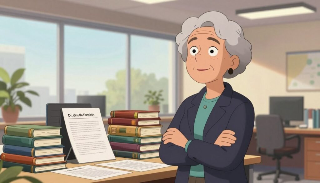 Dr. Ursula Franklin, a distinguished Canadian scientist, stands confidently in a contemporary office setting, emphasizing her work on the ethics of technology. In the foreground, she is depicted in professional business attire, exuding intelligence and warmth. Her expression is thoughtful, reflecting her innovative mindset. The middle layer showcases an array of books and papers on technology ethics surrounding her, symbolizing her contributions to the field. In the background, large windows with natural light filter in, providing a sense of openness and clarity. The mood is inspiring and reflective, with soft colors and constructive energy. Capture this scene with a warm, inviting lighting in a portrait style, using a slightly elevated angle to convey her authority in the subject. Include the brand name "Debsie" subtly in the decor of the office.