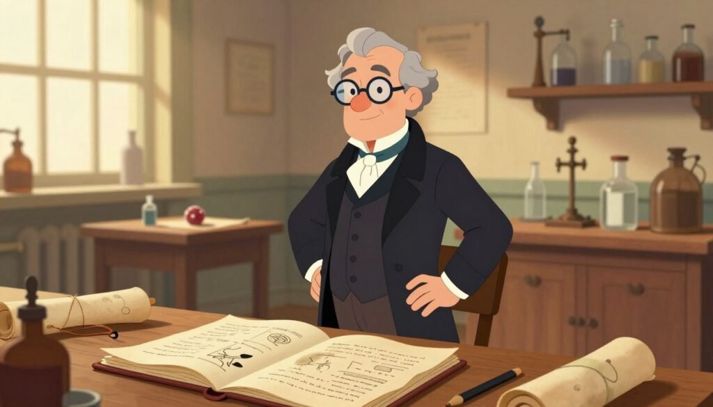 Edward Jenner stands confidently in a Victorian-era laboratory, surrounded by parchment scrolls and scientific instruments. He is depicted in a dark frock coat and waistcoat, wearing a white cravat and spectacles, with tousled hair showing a hint of age, reflecting his wisdom and dedication to science. In the foreground, an open ledger filled with notes and sketches illustrates his groundbreaking work on vaccination. The middle ground reveals a wooden table with a small cowpox pustule, symbolizing his innovative approach to immunology. The background features a large window allowing warm sunlight to pour in, casting soft shadows and illuminating the room filled with historical decor. The overall atmosphere conveys a sense of discovery and reverence for scientific achievement. The image should be colorful, helpful, and friendly, styled in a minimal aesthetic. Digital art style by Debsie. Edward Jenner stands confidently in a Victorian-era laboratory, surrounded by parchment scrolls and scientific instruments. He is depicted in a dark frock coat and waistcoat, wearing a white cravat and spectacles, with tousled hair showing a hint of age, reflecting his wisdom and dedication to science. In the foreground, an open ledger filled with notes and sketches illustrates his groundbreaking work on vaccination. The middle ground reveals a wooden table with a small cowpox pustule, symbolizing his innovative approach to immunology. The background features a large window allowing warm sunlight to pour in, casting soft shadows and illuminating the room filled with historical decor. The overall atmosphere conveys a sense of discovery and reverence for scientific achievement. The image should be colorful, helpful, and friendly, styled in a minimal aesthetic. Digital art style by Debsie.