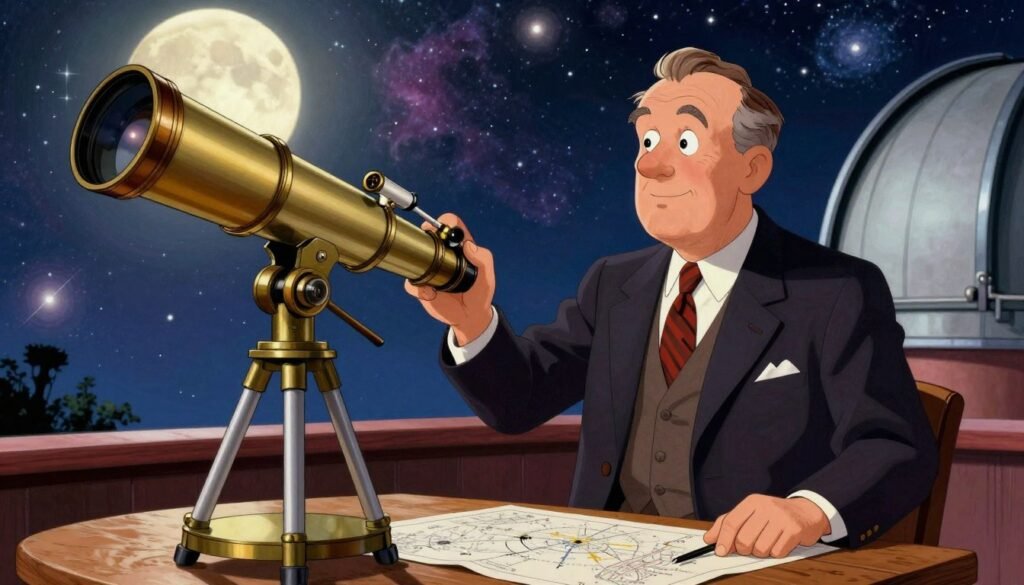 Edwin Hubble in a classic 1940s observatory, standing confidently beside a powerful telescope aimed at the night sky, wearing a tailored dark suit and tie. In the foreground, a detailed telescope with intricate mechanics is visible, reflecting soft, warm light. The middle ground features Hubble with a thoughtful expression, examining celestial charts scattered on a wooden table. In the background, a starry sky filled with galaxies and nebulae creates a vivid, vibrant atmosphere, illuminated by a soft moonlight that enhances the cosmic theme. The image conveys a sense of wonder and discovery, showcasing Hubble as a pivotal figure in understanding the universe. Bright, colorful hues dominate the scene, ensuring a friendly, inspiring vibe. Artistic style by Debsie, focusing on clarity and warmth.